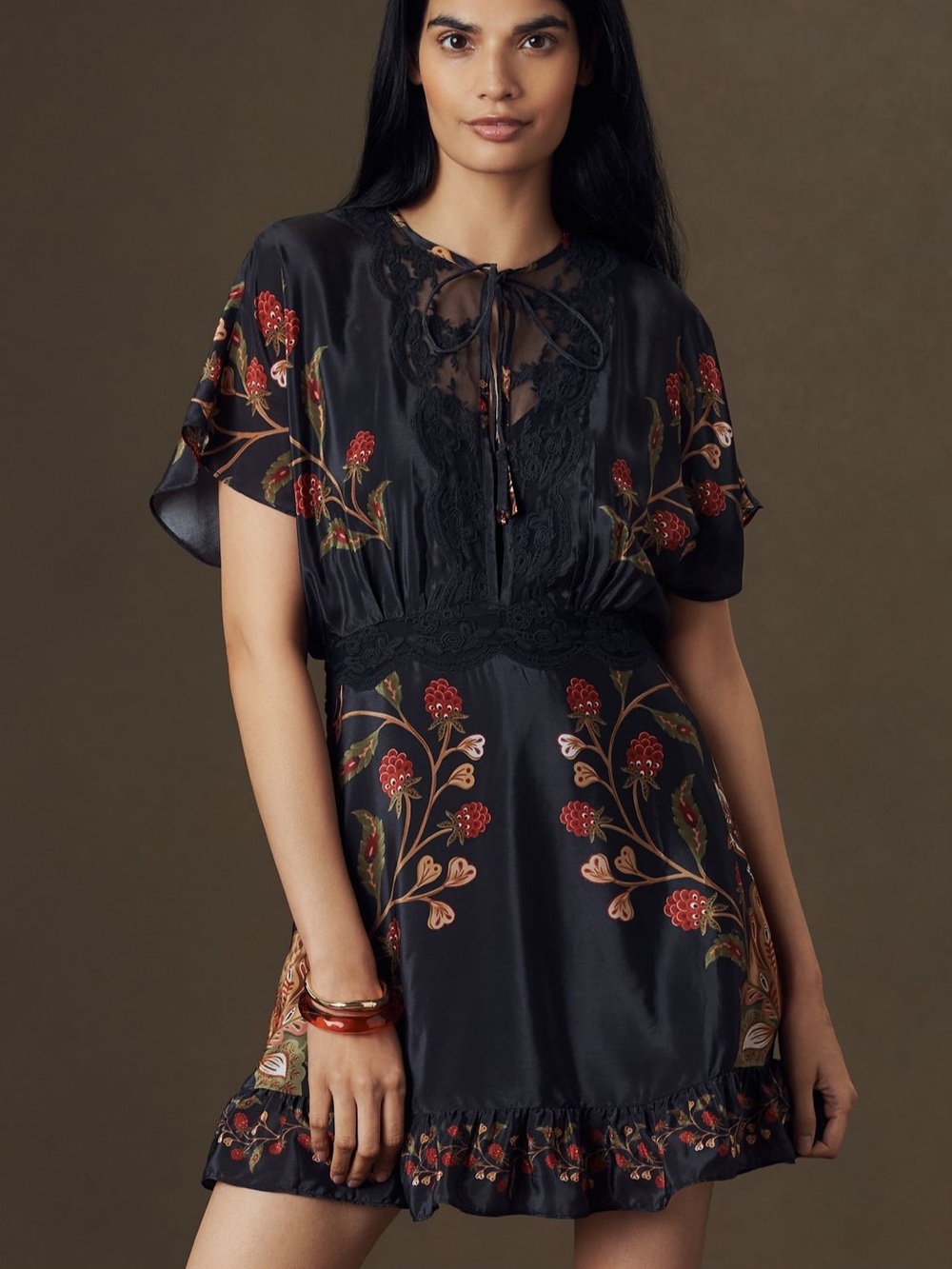 FARM Rio Black Mini Dress with Red Floral and Berry Embroidery